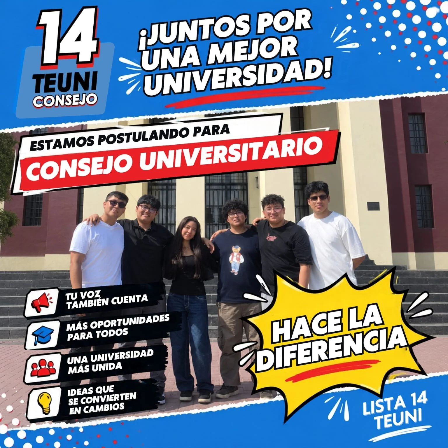 Fotografía de presentación del equipo de la Lista 14 en la UNI